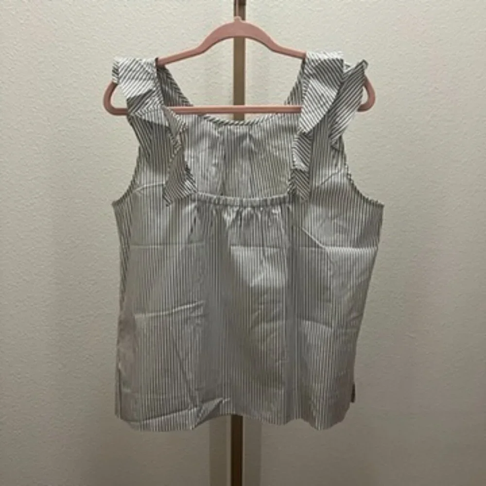 J Crew Ruffled sleeveless Grey white striped Flutter Camisole Top 14